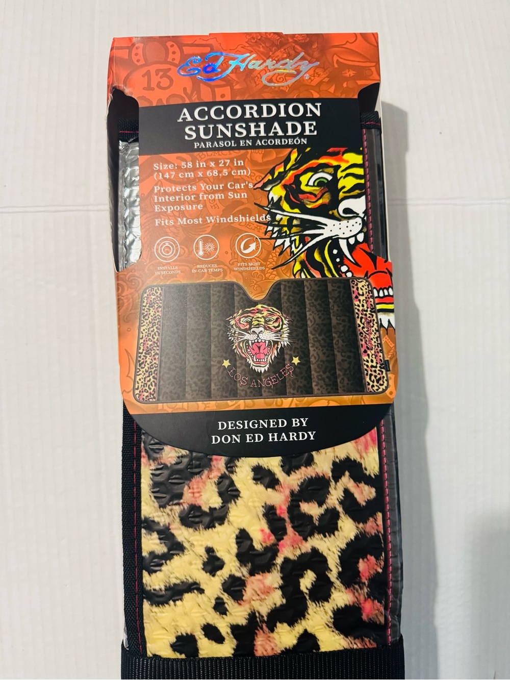 Ed Hardy tiger leopard print and black  Accordion Sunshade BNWT
